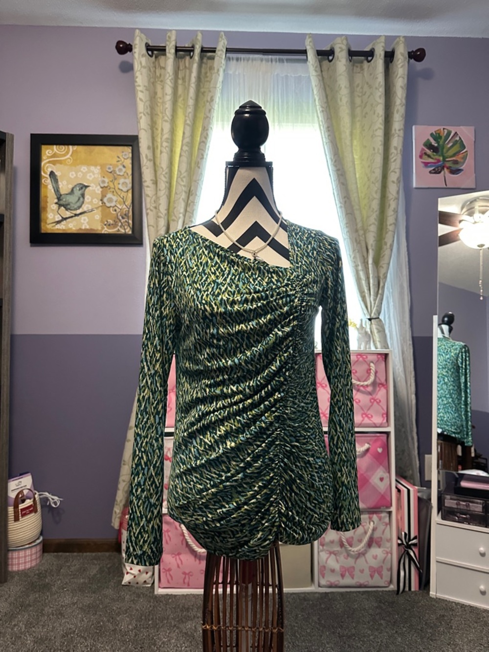Susan Graver Green Patterned Long-Sleeve Ruched Top XS